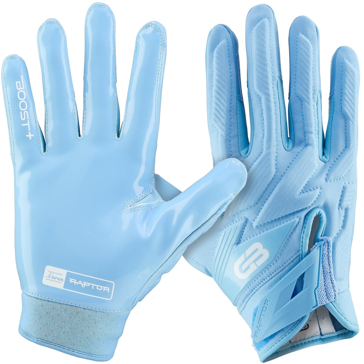 Grip Boost Raptor 2.0 padded football gloves, Carolina Blue